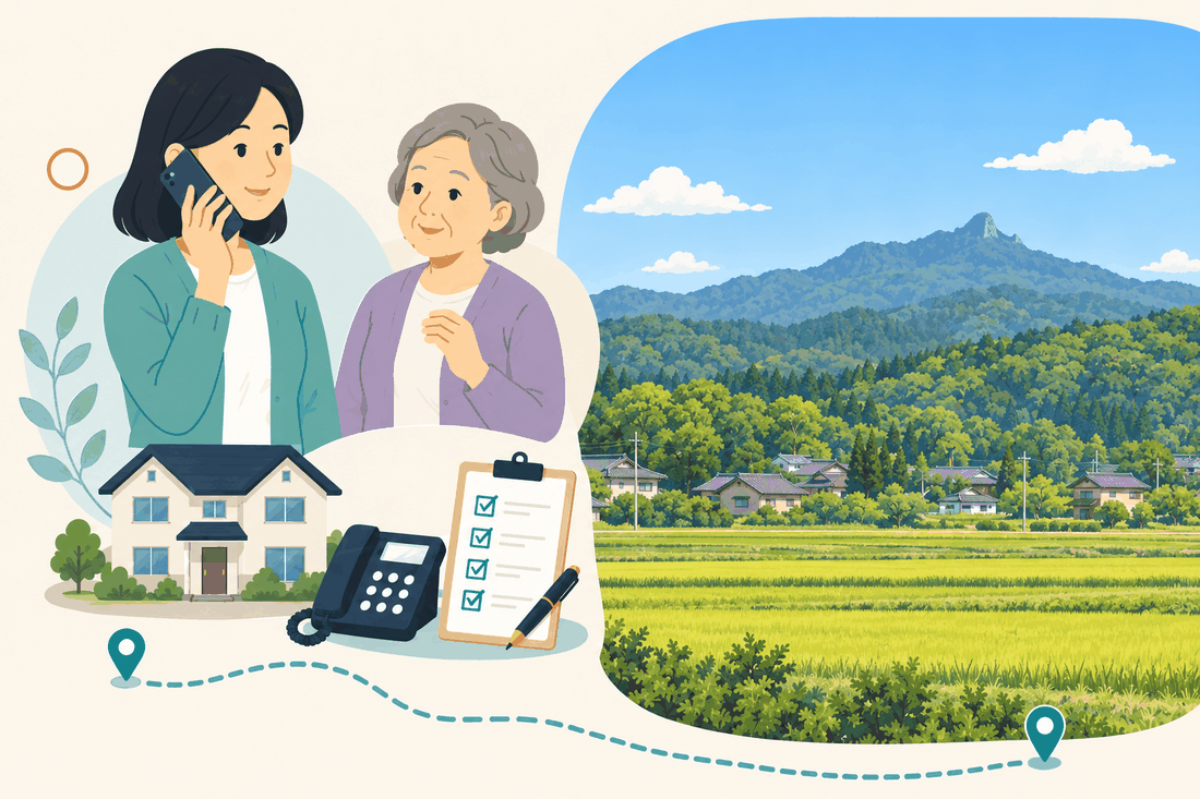 電話で相談する家族と親、住まい・固定電話・確認表、山を望む田んぼと集落を描いた案内イラスト