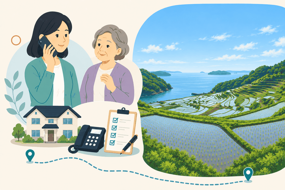 電話で相談する家族と親、住まい・固定電話・確認表、棚田と海に島影が浮かぶ景色を描いた案内イラスト