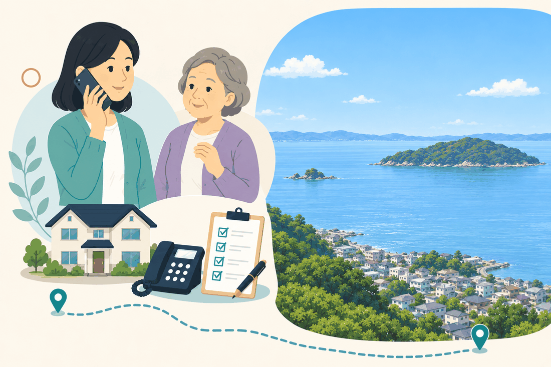 離れて暮らす家族と親、電話、確認表を描いた案内イラスト。右に、青い海に浮かぶ島と、海沿いの斜面に広がる家並みが見える