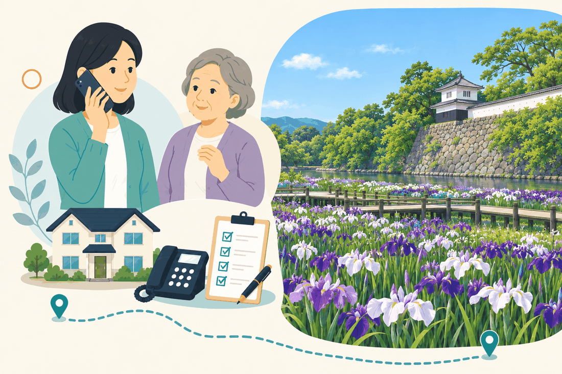 電話で相談する家族と親、住まい・固定電話・確認表、堀に花菖蒲が咲く玖島城跡の石垣と櫓を描いた案内イラスト