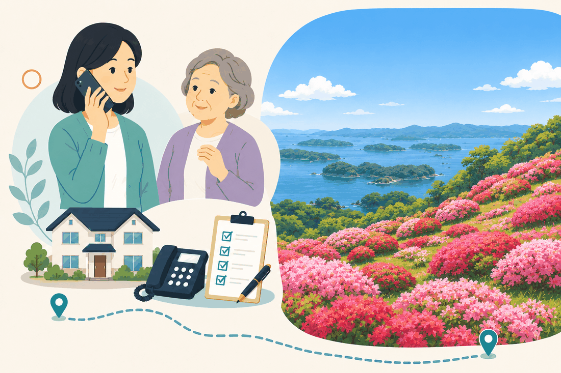 離れて暮らす家族と親、電話、確認表を描いた案内イラスト