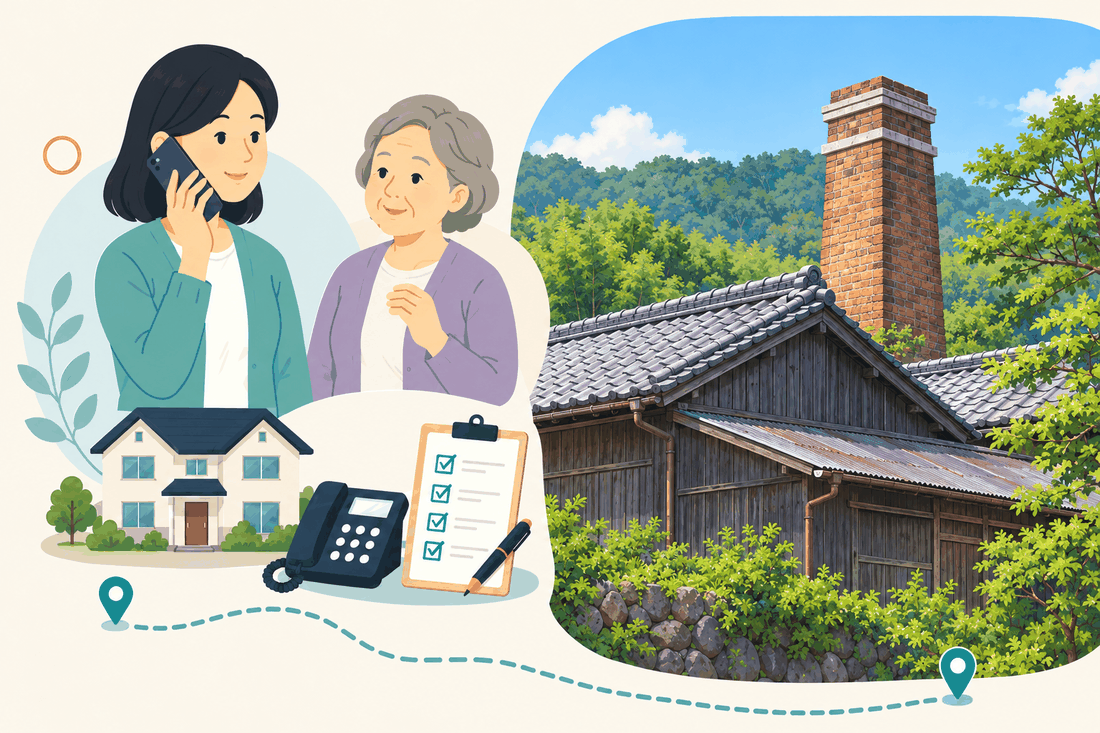 離れて暮らす家族と親、電話、確認表を描いた案内イラスト