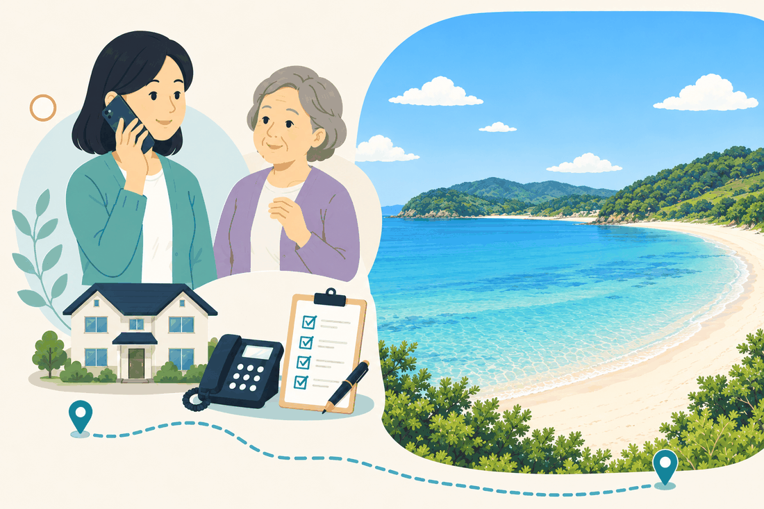 離れて暮らす家族と親、電話、確認表を描いた案内イラスト
