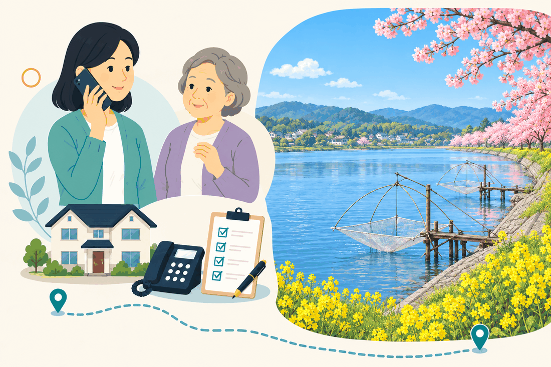 電話で相談する家族と親、住まい・固定電話・確認表、桜と菜の花が咲く土手と、川に張り出した網の仕掛けが見える川辺を描いた案内イラスト