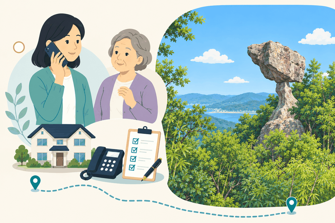 電話で相談する家族と親、住まい・固定電話・確認表、緑の木々の間に岩が立つ山の景色と遠くの海を描いた案内イラスト