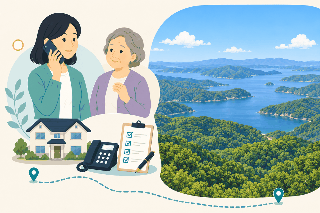 電話で相談する家族と親、住まい・固定電話・確認表、入り組んだ入り江に緑の島々が連なる浅茅湾の景色を描いた案内イラスト
