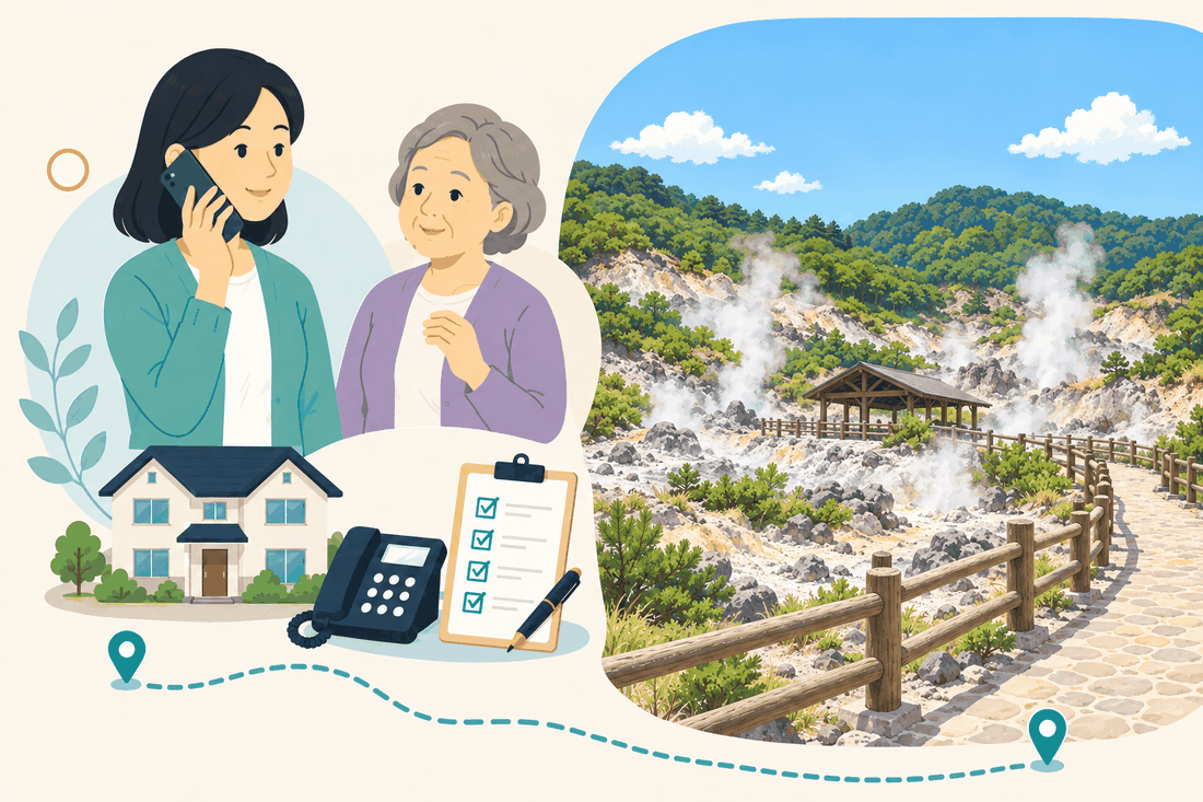 電話で相談する家族と親、住まい・固定電話・確認表、湯けむりの立ちのぼる雲仙地獄の遊歩道を描いた案内イラスト