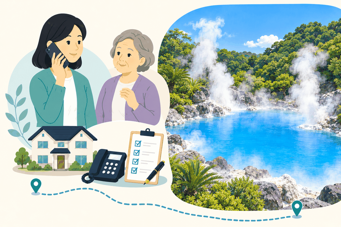 電話で相談する家族と親、住まい・固定電話・確認表と、青い湯の池から湯けむりが立つ別府の海地獄を描いた案内イラスト