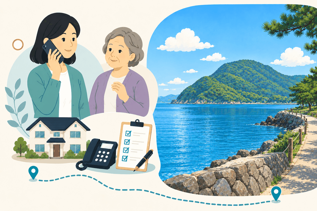 電話で相談する家族と親、住まい・固定電話・確認表と、日出の海岸から見る別府湾と高崎山を描いた案内イラスト