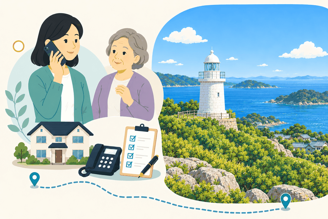 電話で相談する家族と親、住まい・固定電話・確認表と、海を見下ろす姫島の白い灯台を描いた案内イラスト