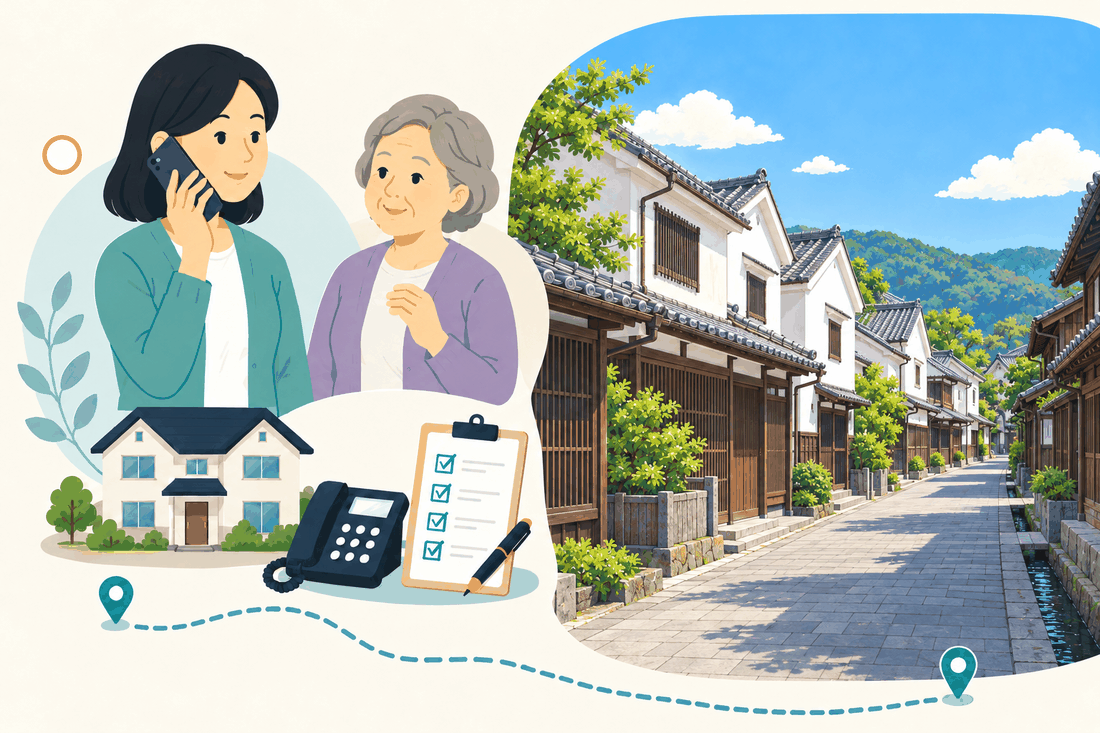 電話で相談する家族と親、住まい・固定電話・確認表と、白壁と格子の商家が並ぶ日田の豆田町を描いた案内イラスト
