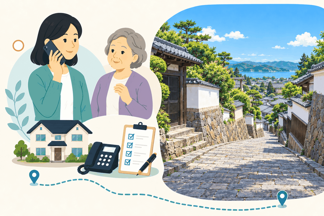 電話で相談する家族と親、住まい・固定電話・確認表と、武家屋敷の白壁にはさまれた杵築の石畳の坂道を描いた案内イラスト