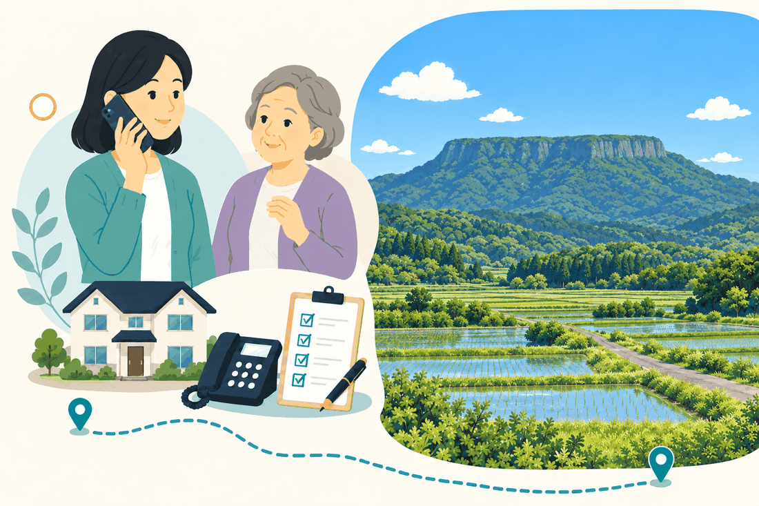 電話で相談する家族と親、住まい・固定電話・確認表と、台形の伐株山と、ふもとの玖珠盆地の田んぼを描いた案内イラスト
