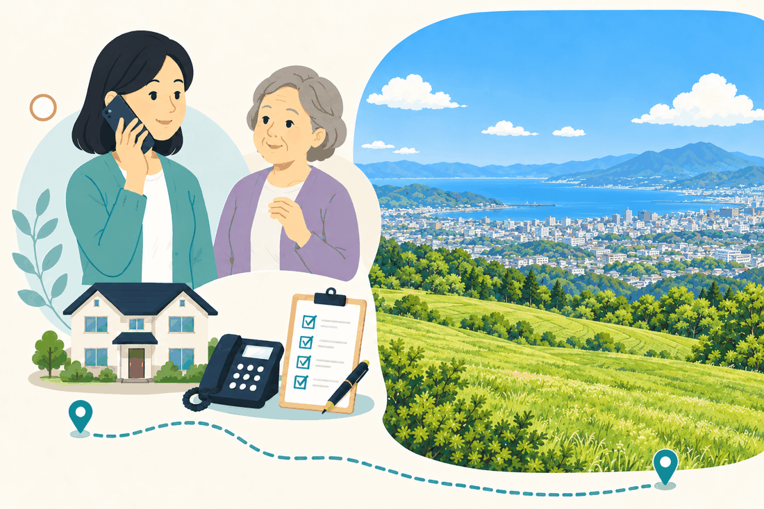 電話で相談する家族と親、住まい・固定電話・確認表と、明野の高台から見下ろす大分の市街と海を描いた案内イラスト