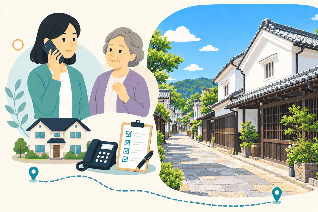 電話で相談する家族と親、住まい・固定電話・確認表と、戸次本町の酒蔵の白壁が続く古い町並みを描いた案内イラスト
