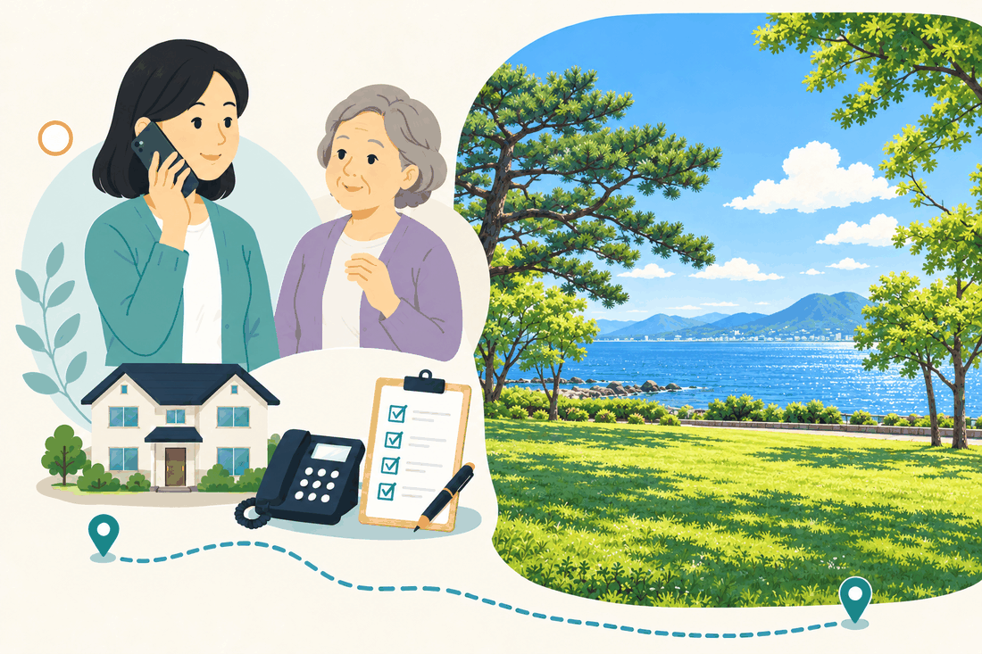 電話で相談する家族と親、住まい・固定電話・確認表と、大在公園の緑と海辺を描いた案内イラスト