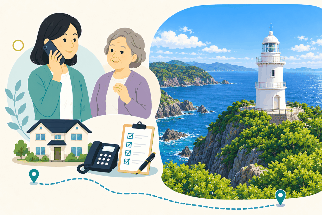 電話で相談する家族と親、住まい・固定電話・確認表と、豊予海峡を見下ろす関崎灯台を描いた案内イラスト