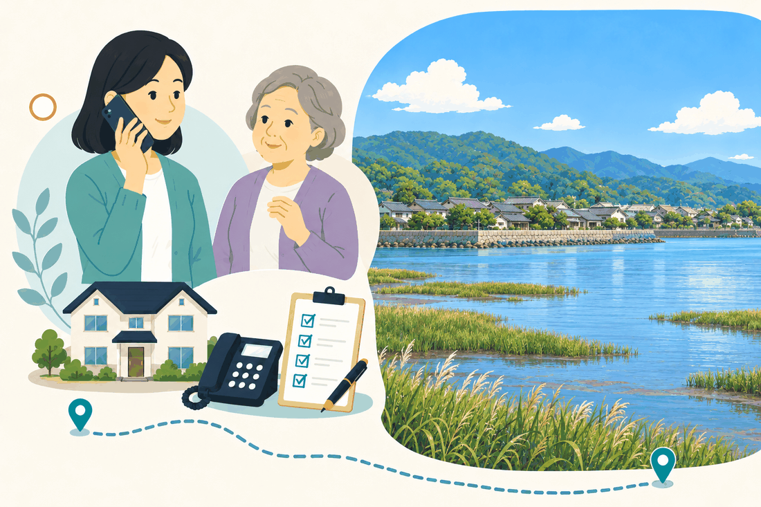 電話で相談する家族と親、住まい・固定電話・確認表と、大野川の河口と鶴崎の町並みを描いた案内イラスト