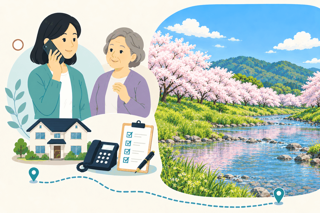 電話で相談する家族と親、住まい・固定電話・確認表と、七瀬川の岸に咲く桜並木を描いた案内イラスト