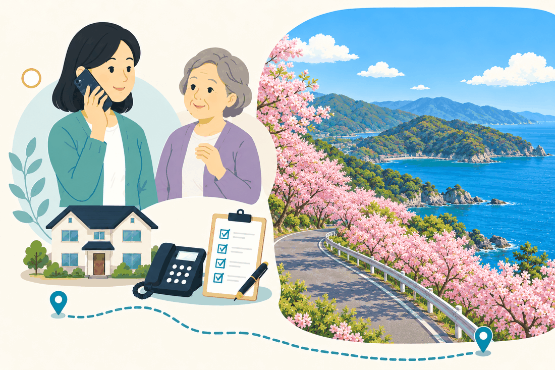 電話で相談する家族と親、住まい・固定電話・確認表と、四浦半島の河津桜と青い海を描いた案内イラスト