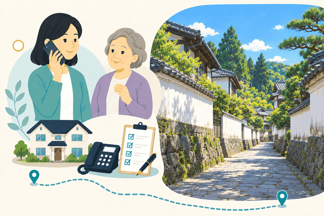 電話で相談する家族と親、住まい・固定電話・確認表と、切り通しの石畳と白壁が続く臼杵の二王座歴史の道を描いた案内イラスト