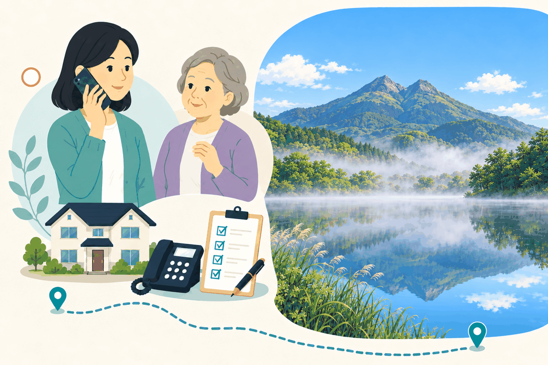 電話で相談する家族と親、住まい・固定電話・確認表と、由布岳を背にした朝霧の金鱗湖を描いた案内イラスト