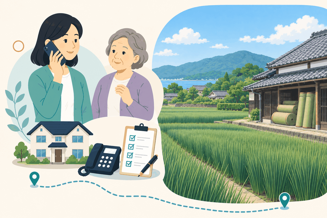 離れて暮らす家族と親、電話、確認表を描いた早島町版の案内イラスト