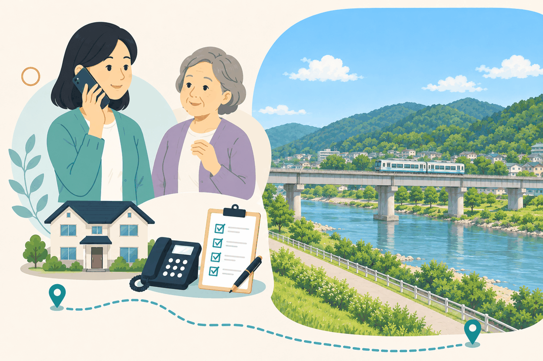 離れて暮らす家族と親、電話、確認表を描いた井原市版の案内イラスト