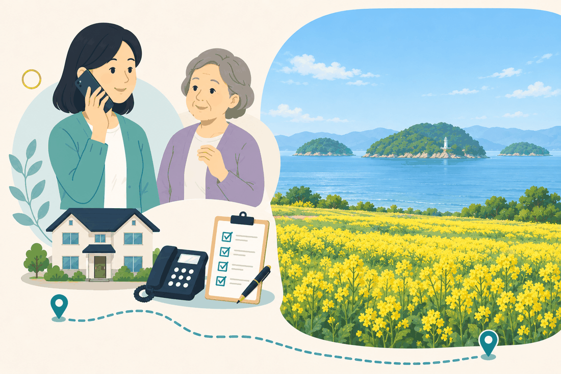 離れて暮らす家族と親、電話、確認表を描いた笠岡市版の案内イラスト