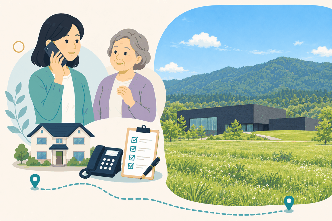 離れて暮らす家族と親、電話、確認表を描いた奈義町版の案内イラスト