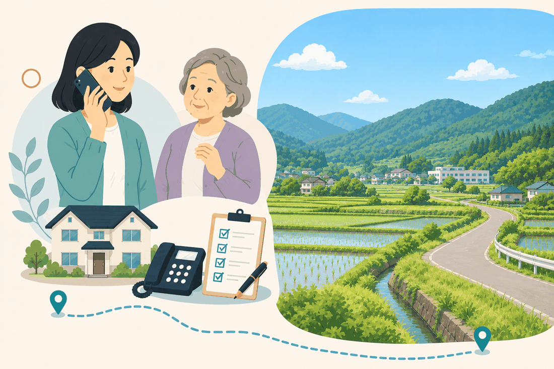 離れて暮らす家族と親、電話、確認表を描いた勝央町版の案内イラスト