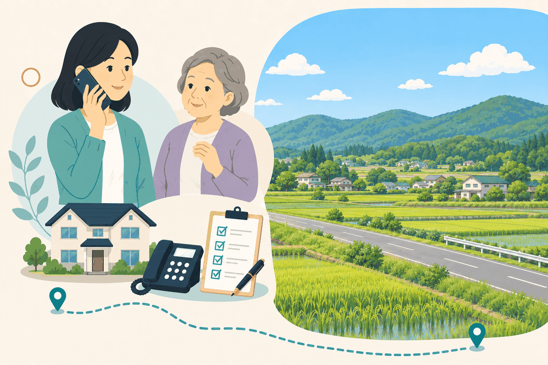 離れて暮らす家族と親、電話、確認表を描いた吉備中央町版の案内イラスト
