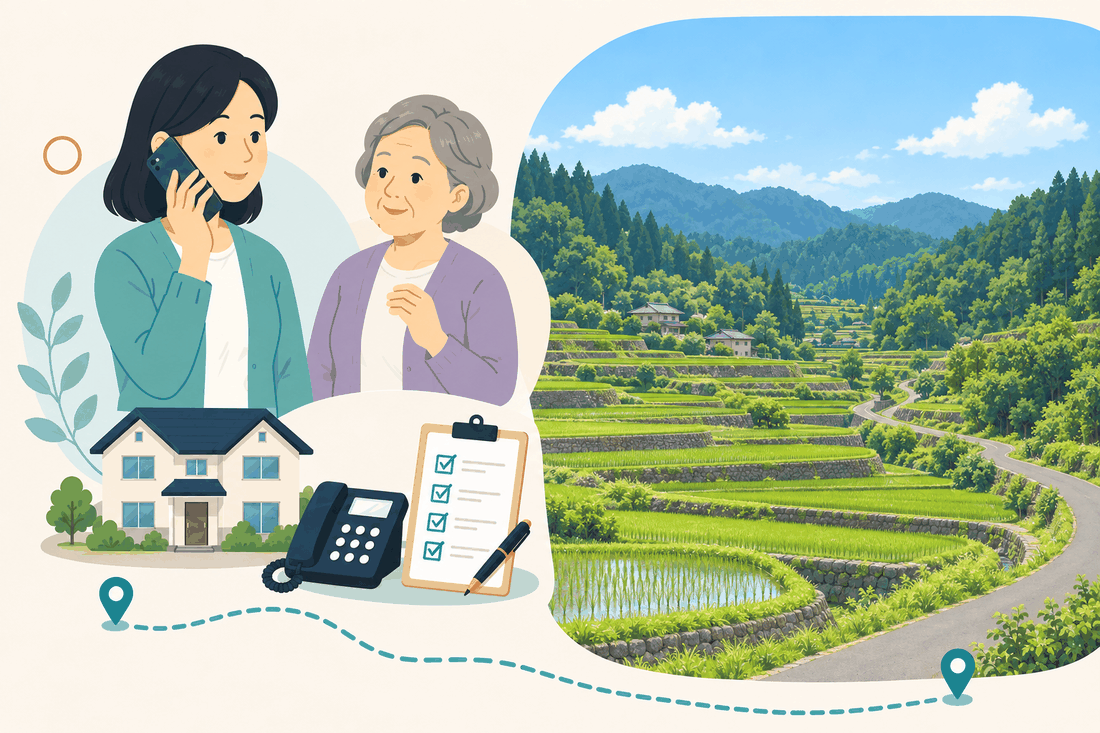 離れて暮らす家族と親、電話、確認表を描いた久米南町版の案内イラスト