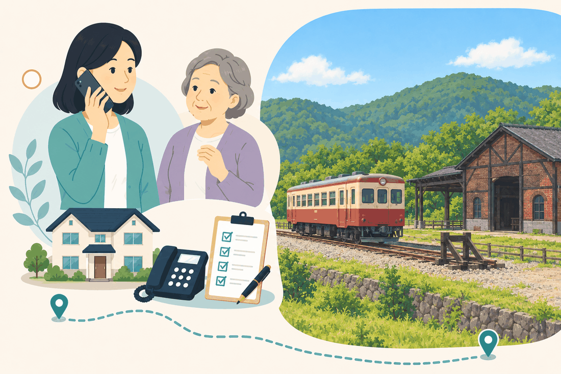離れて暮らす家族と親、電話、確認表を描いた美咲町版の案内イラスト