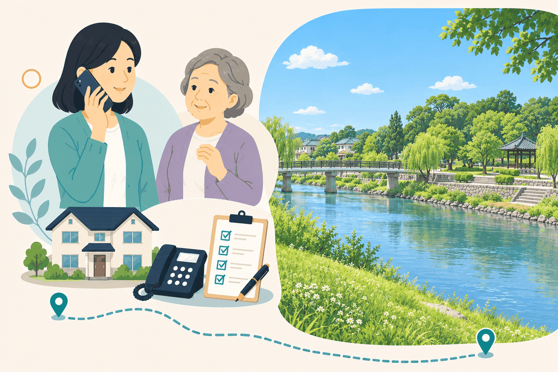 離れて暮らす家族と親、電話、確認表を描いた汎用の案内イラスト（真備専用の絵は未着手）