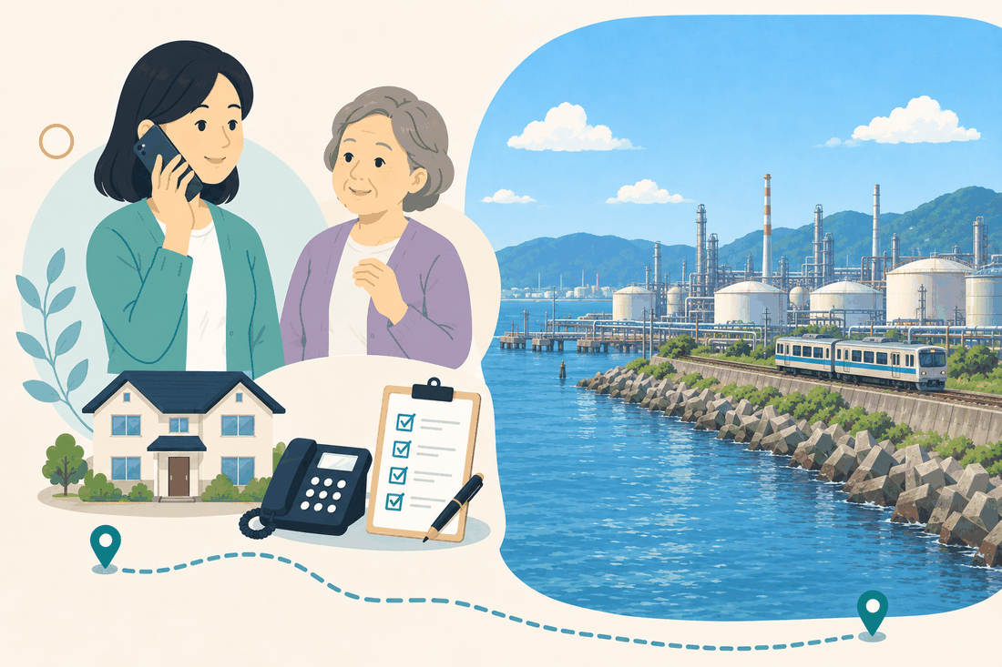 離れて暮らす家族と親、電話、確認表を描いた汎用の案内イラスト(水島専用の絵は未着手)