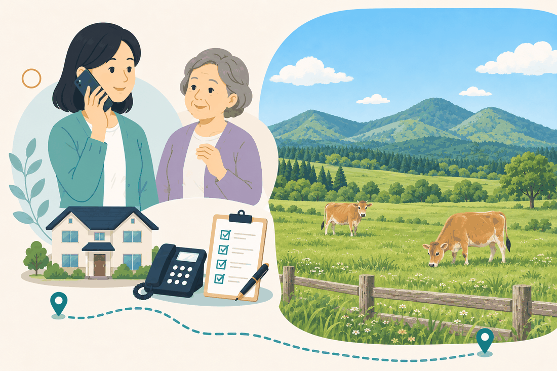 離れて暮らす家族と親、電話、確認表を描いた真庭市版の案内イラスト