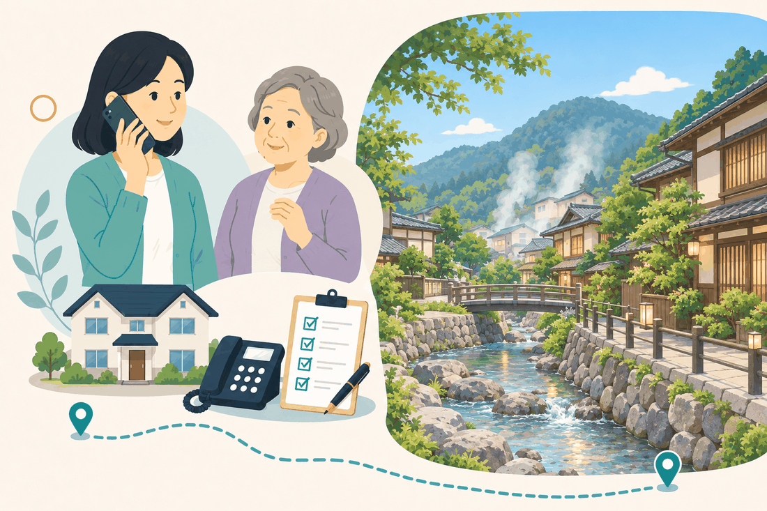 離れて暮らす家族と親、電話、確認表を描いた美作市版の案内イラスト