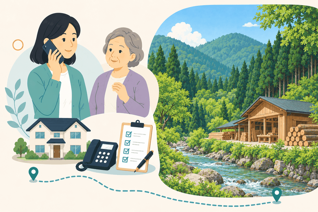 離れて暮らす家族と親、電話、確認表を描いた西粟倉村版の案内イラスト