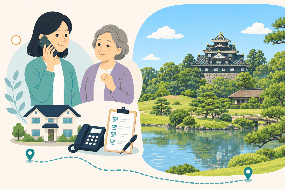 離れて暮らす家族と親、電話、確認表を描いた汎用の案内イラスト(北区専用の絵は未着手)