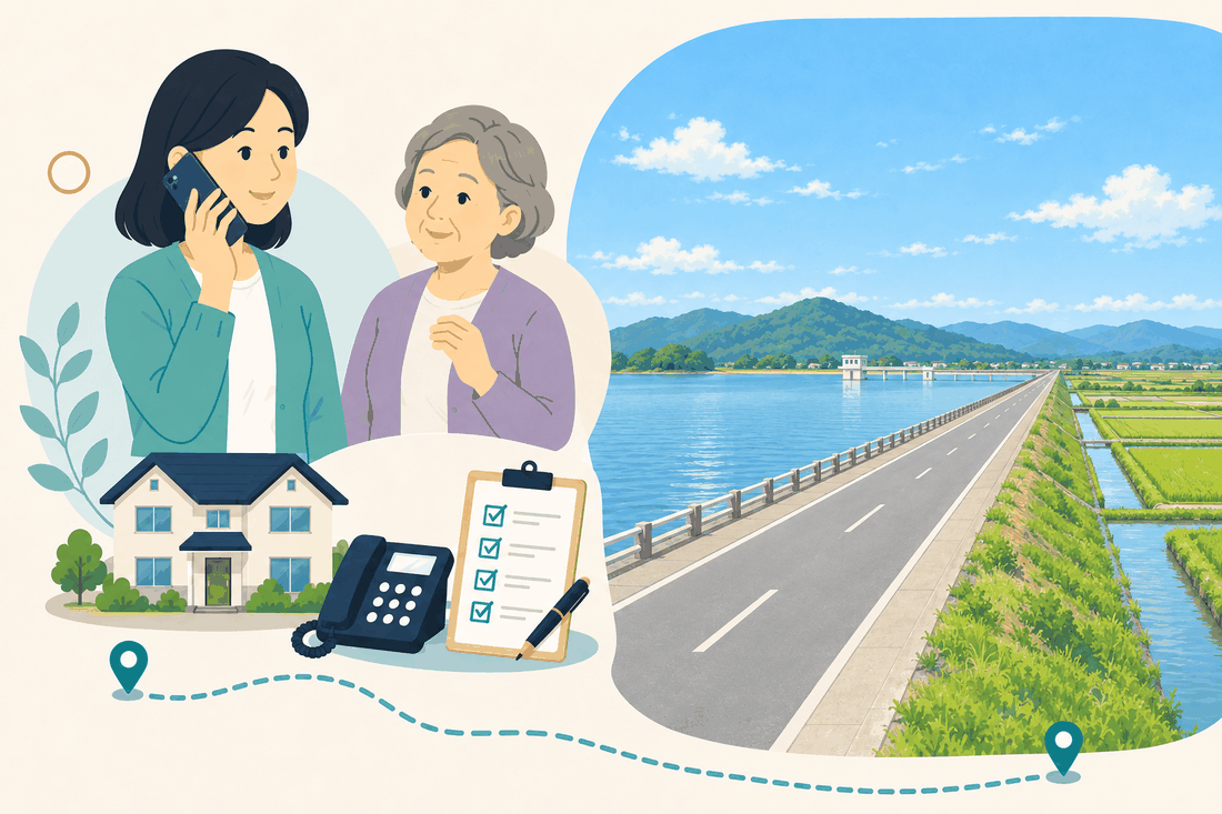 離れて暮らす家族と親、電話、確認表を描いた汎用の案内イラスト(南区専用の絵は未着手)