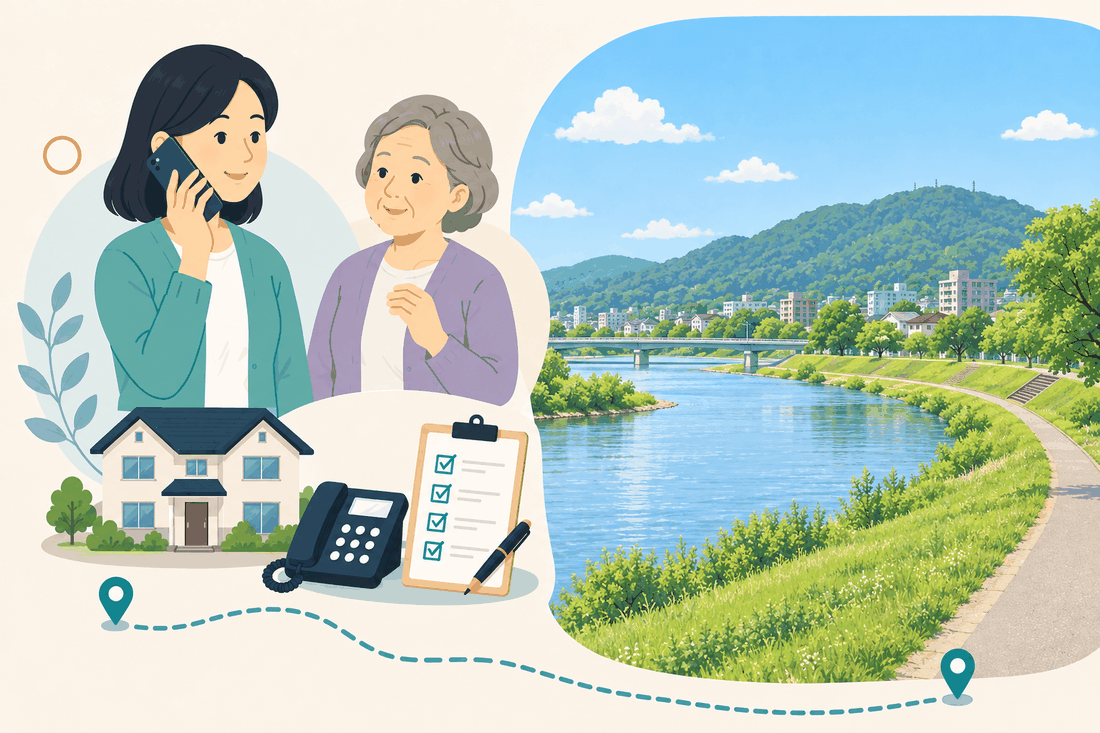 離れて暮らす家族と親、電話、確認表を描いた汎用の案内イラスト（中区専用の絵は未着手）