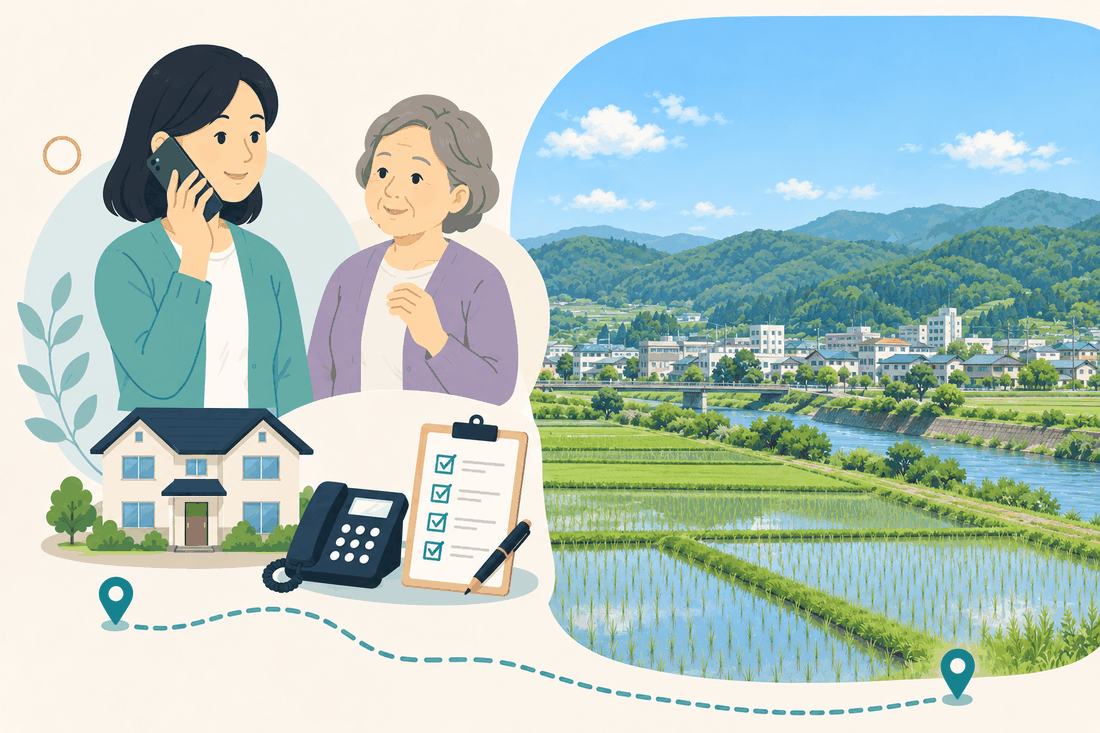 離れて暮らす家族と親、電話、確認表を描いた里庄町版の案内イラスト