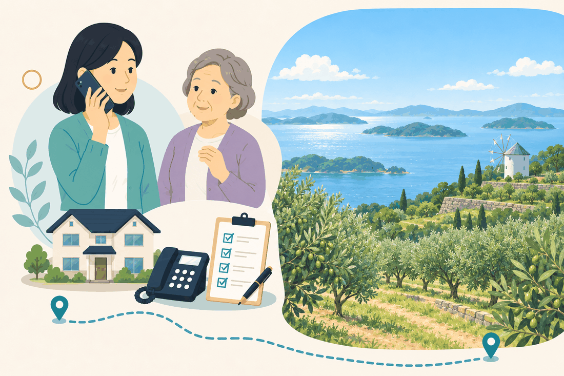 離れて暮らす家族と親、電話、確認表を描いた瀬戸内市版の案内イラスト