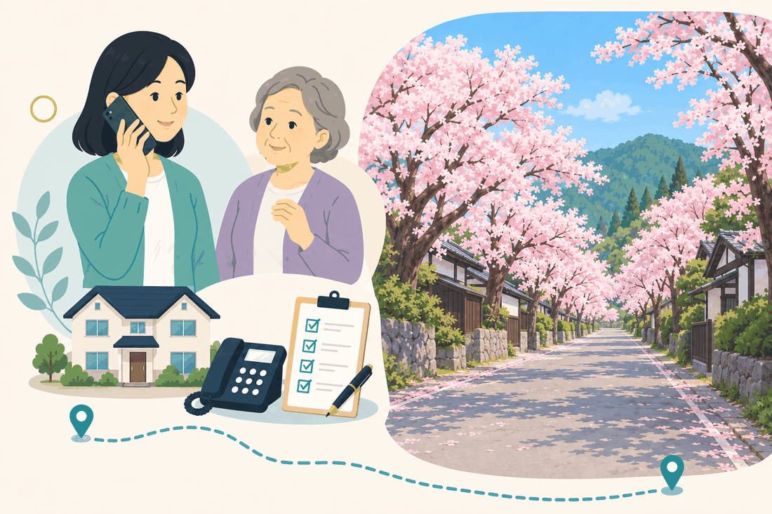 離れて暮らす家族と親、電話、確認表を描いた新庄村版の案内イラスト
