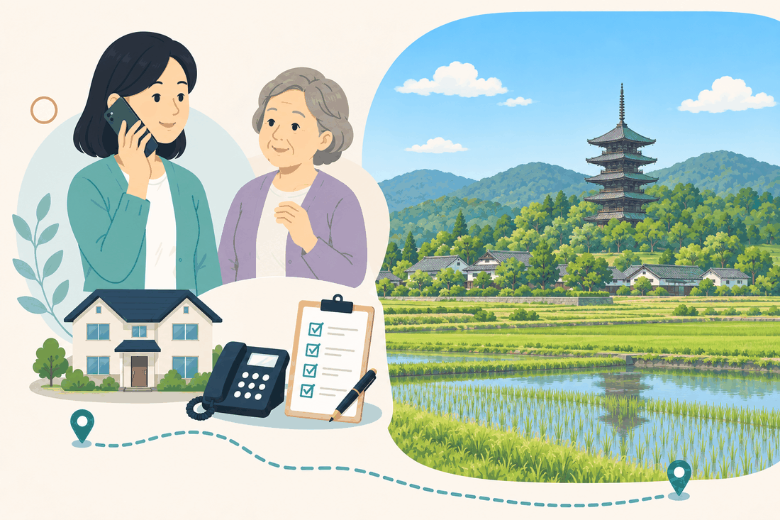 離れて暮らす家族と親、電話、確認表を描いた案内イラスト