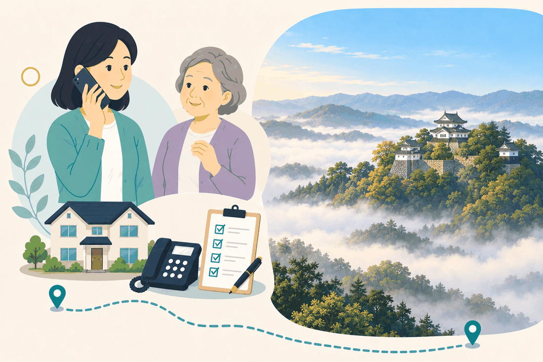 離れて暮らす家族と親、電話、確認表を描いた高梁市版の案内イラスト