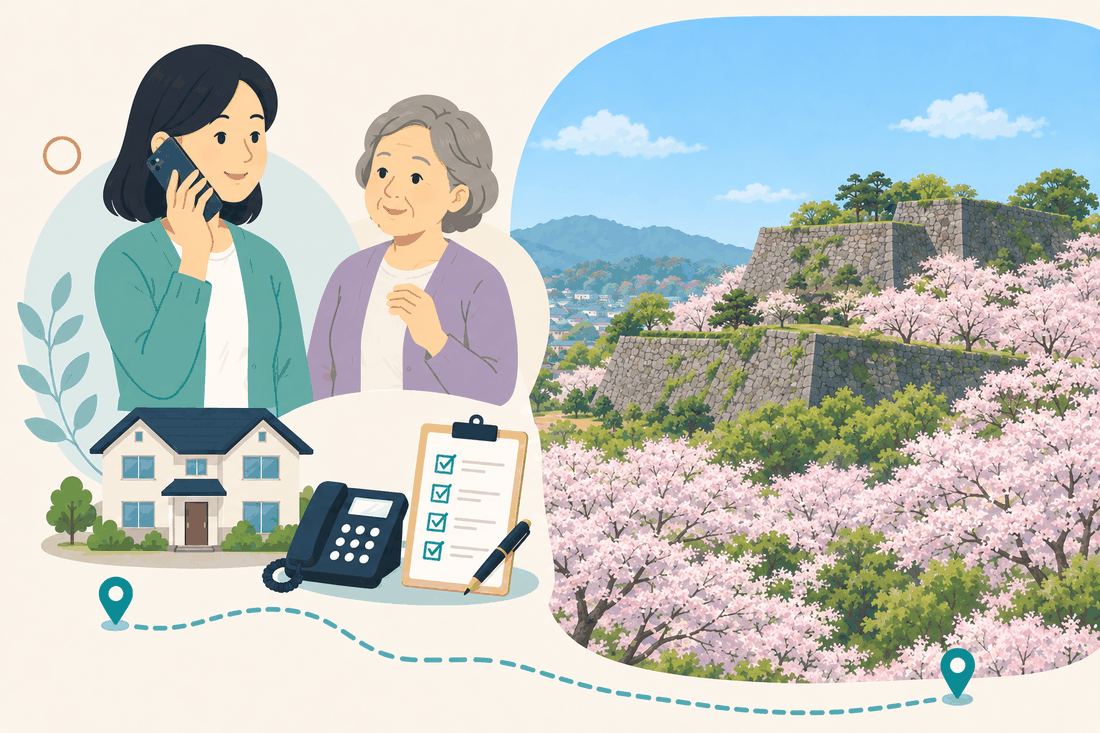 離れて暮らす家族と親、電話、確認表を描いた津山市版の案内イラスト