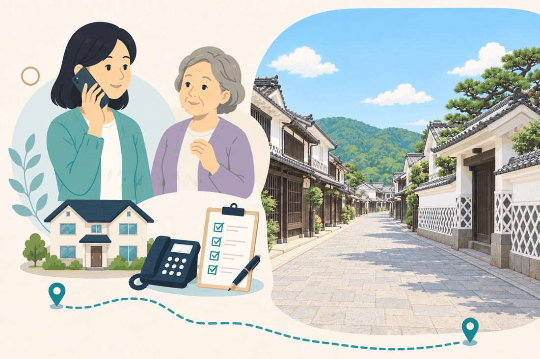 離れて暮らす家族と親、電話、確認表を描いた矢掛町版の案内イラスト
