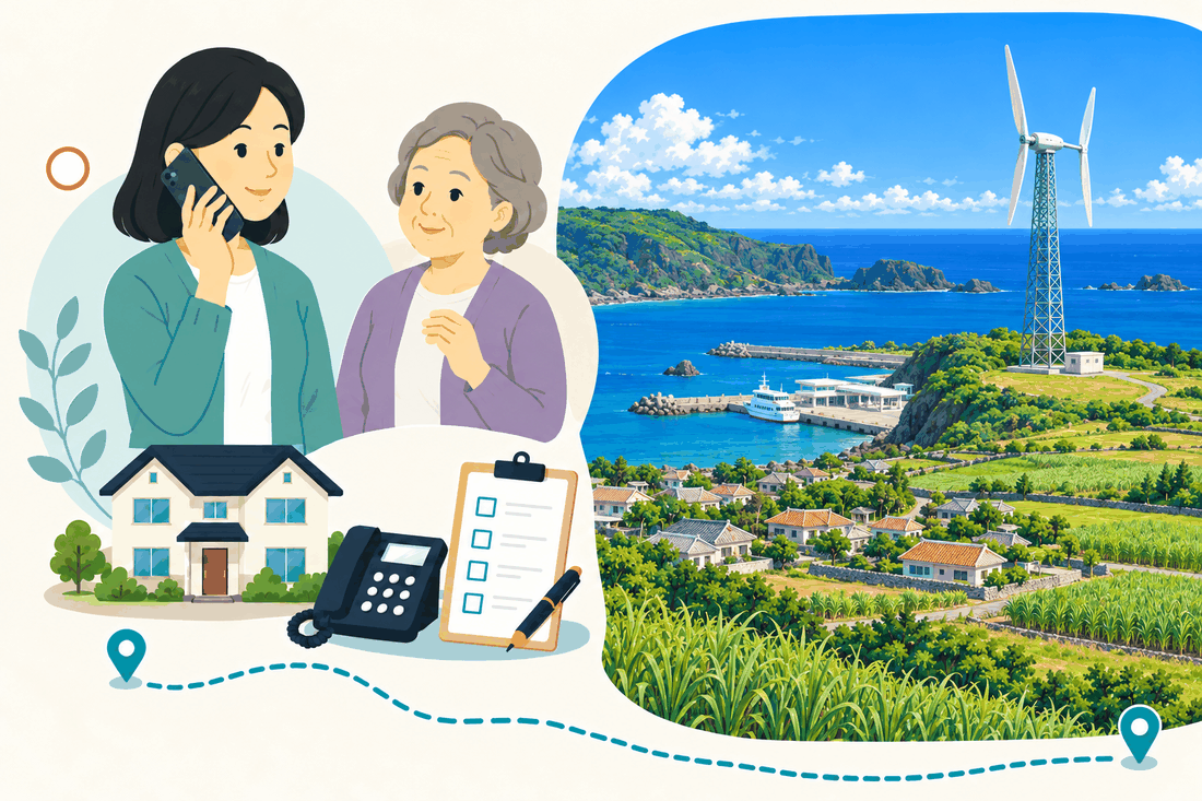 スマートフォンで電話する娘と、そばで聞く母。家と電話機と確認表を描いた絵の右に、青い海と港に着く白い船、風力発電の塔、石垣に囲まれた赤瓦の家と畑が広がる島の景色を描いた案内イラスト